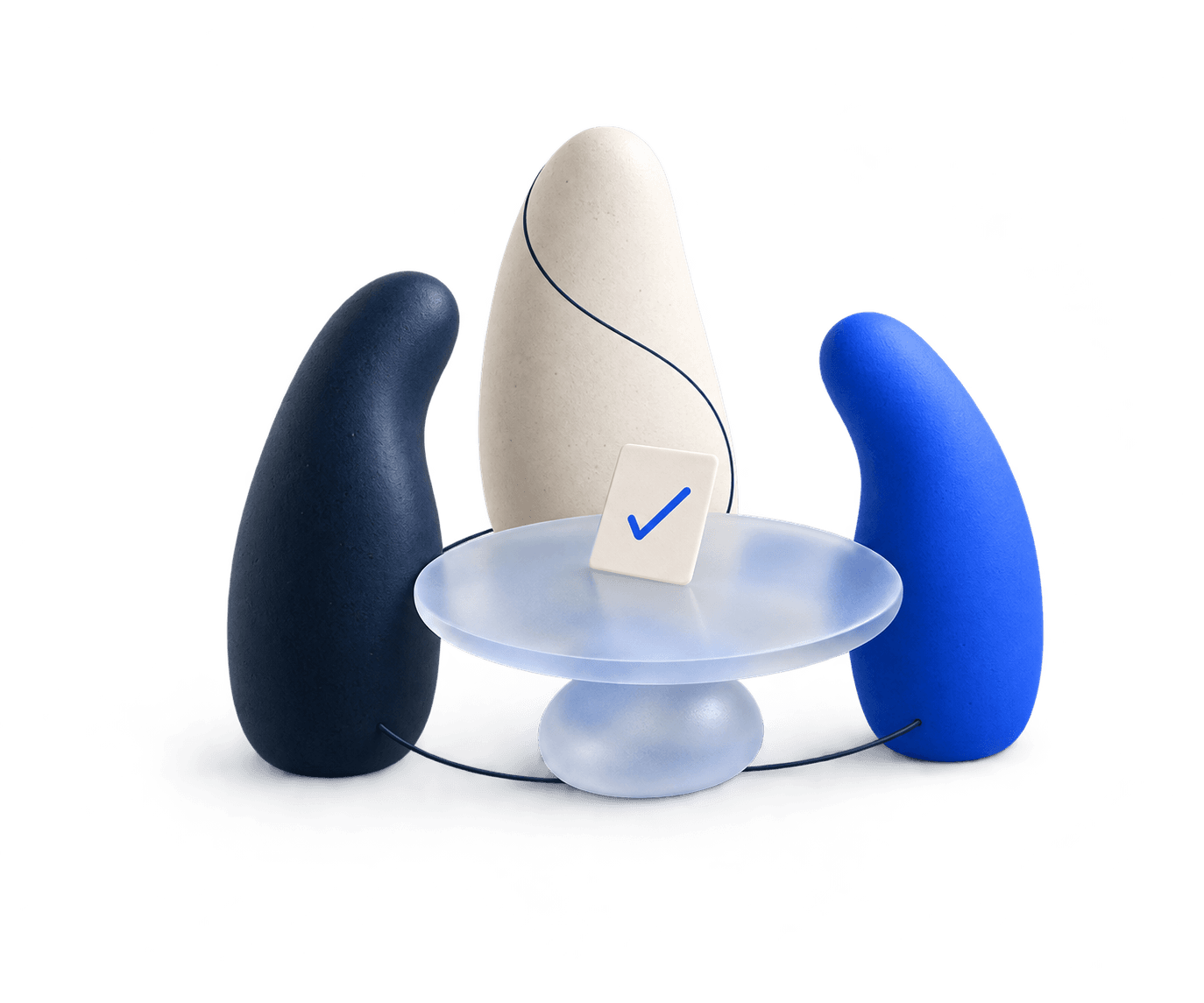 Trois formes humaines, bleue, ivoire et bleu nuit, réunies autour d’une table avec une décision validée.
